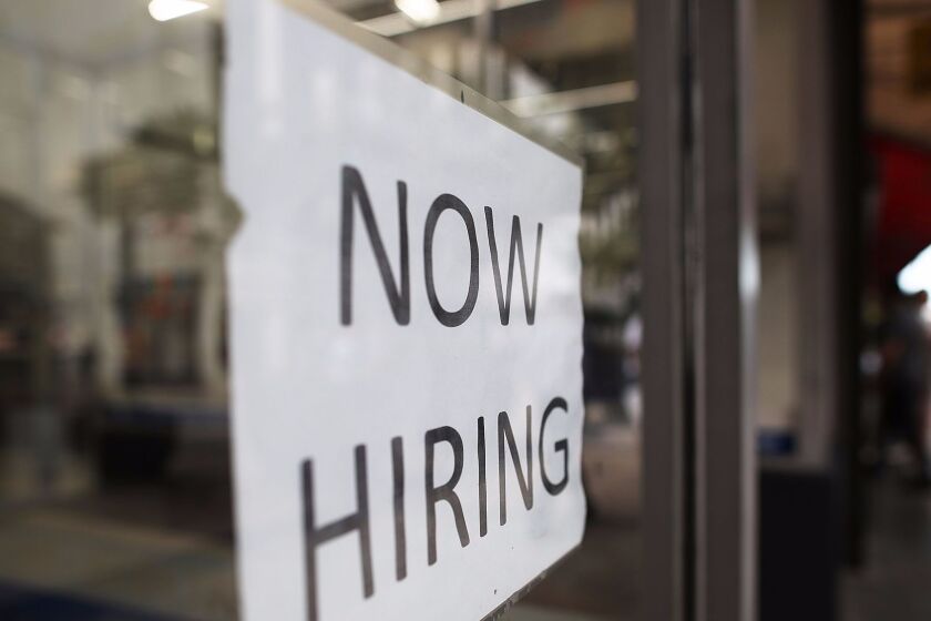 MIAMI, FL - MARCH 10: A Now Hiring sign is seen as the Bureau of Labor Statistics reports that nonfarm payrolls increased by 235,000 in February and the unemployment rate was 4.7 percent in the first full month of President Donald Trump's term on March 10, 2017 in Miami, Florida. The overall economic momentum and optimism was given an extra push by February's unusually warm weather, with almost a quarter of the jobs " about 58,000 " coming from construction alone. Manufacturing and mining also bounced up. (Photo by Joe Raedle/Getty Images) ** OUTS - ELSENT, FPG, CM - OUTS * NM, PH, VA if sourced by CT, LA or MoD **