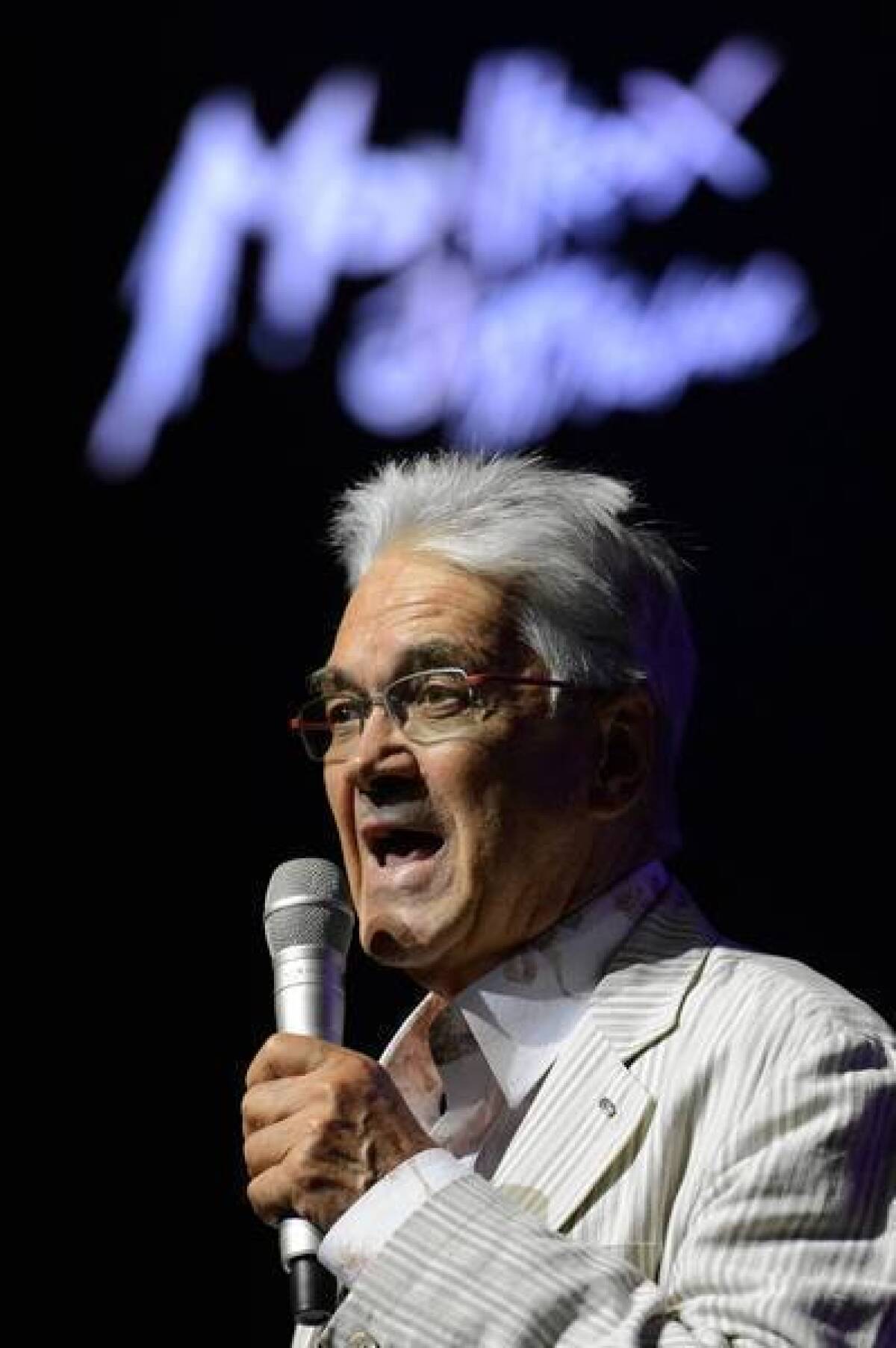 Claude Nobs, founder and director of the Montreux Jazz Festival, speaks on stage during the first day of the 46th festival last year.