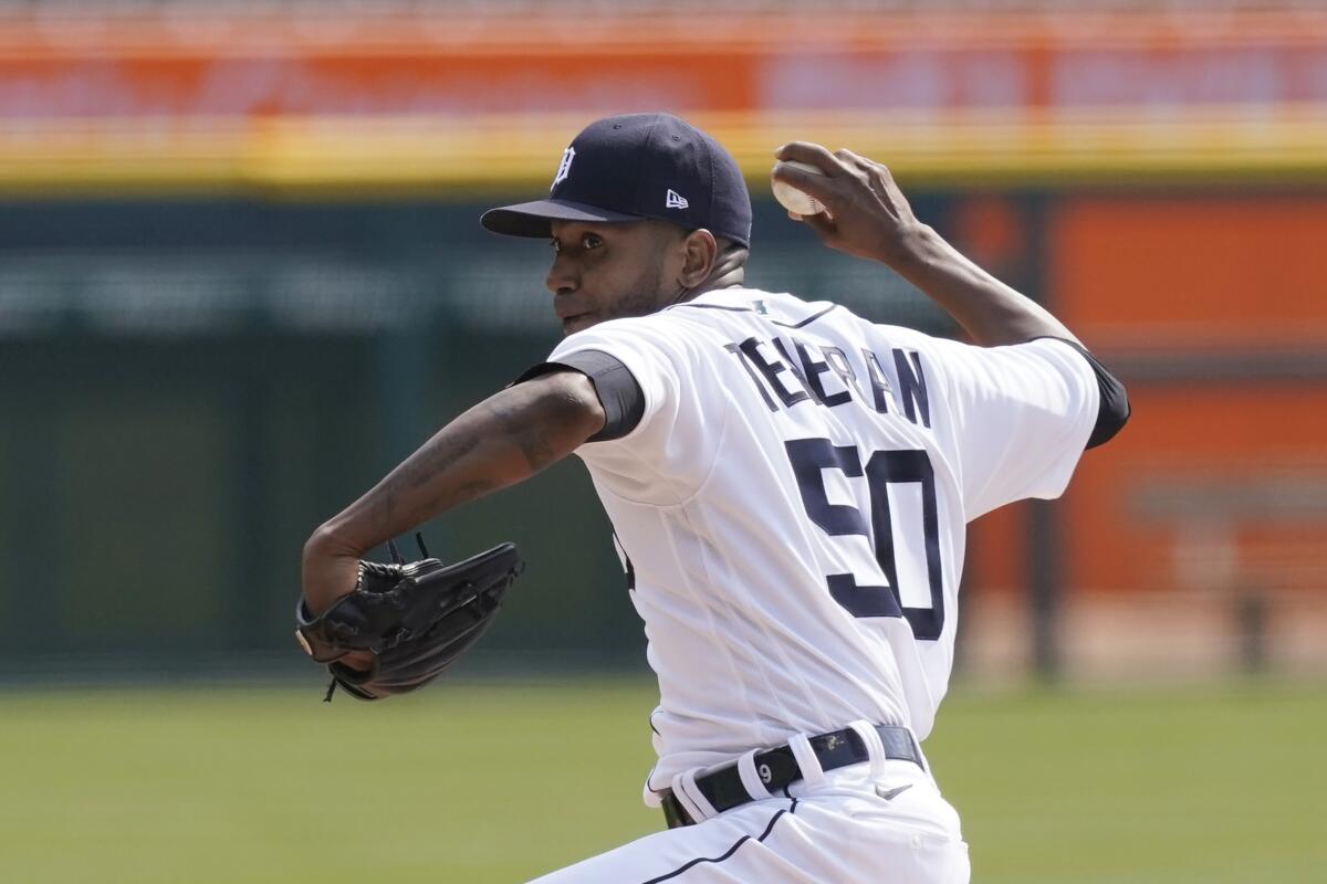 Detroit Tigers starting pitcher Julio Teheran throws during the first inning of a baseball game against the Cleveland Indians, Saturday, April 3, 2021, in Detroit. (AP Photo/Carlos Osorio)