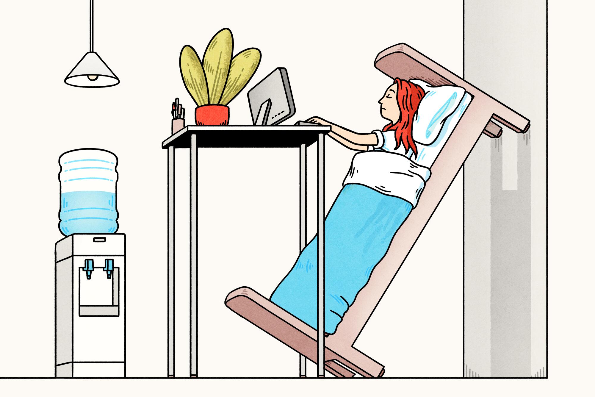Illustration of a woman working on her computer in an office while lying in a bed