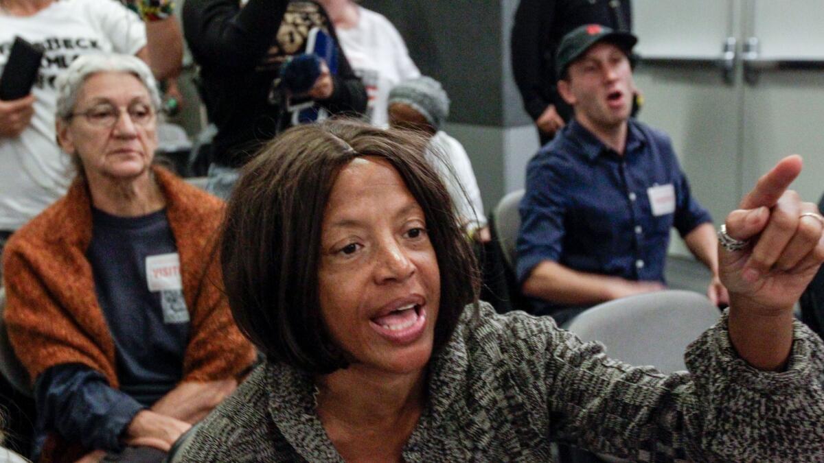 Yvonne Michelle Autry speaks against a proposed LAPD drone policy at the Police Commission meeting Tuesday.