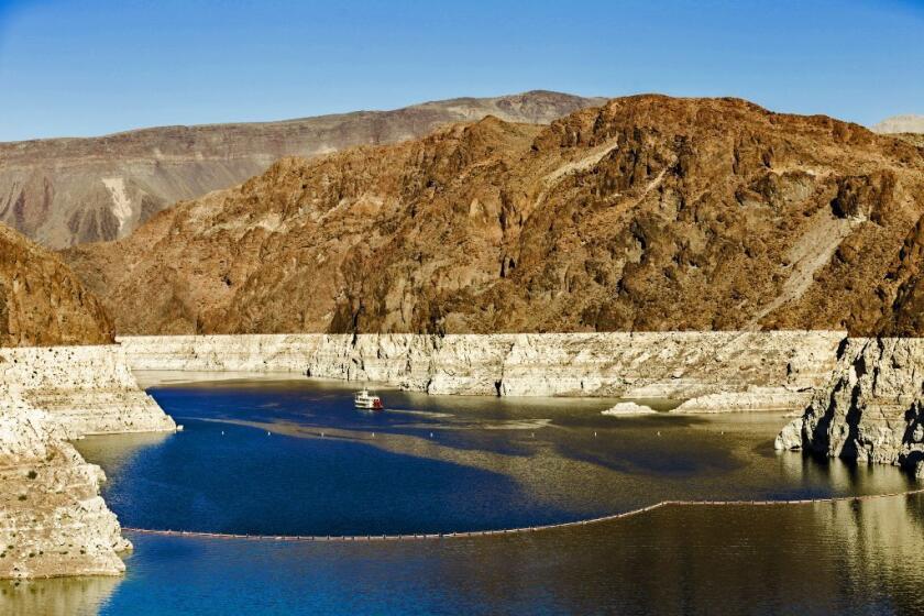 Dropping water levels have exposed a "bath tub ring" at Lake Mead in Nevada, shown in October 2015.