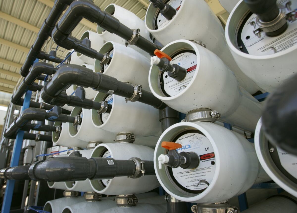 Reverse osmosis tubes in San Diego's plant, which purifies wastewater so that it meets drinking water standards. Escondido is planning a reserve osmosis plant to recycle wastewater for agricultural use.