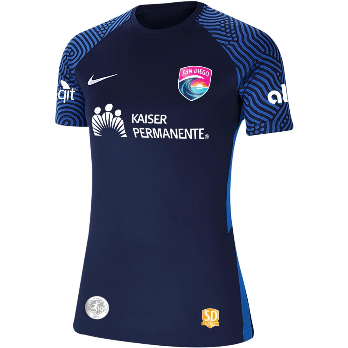 2022 San Diego Wave FC Home Jersey, featuring crest over the heart and team colors navy blue and light blue.