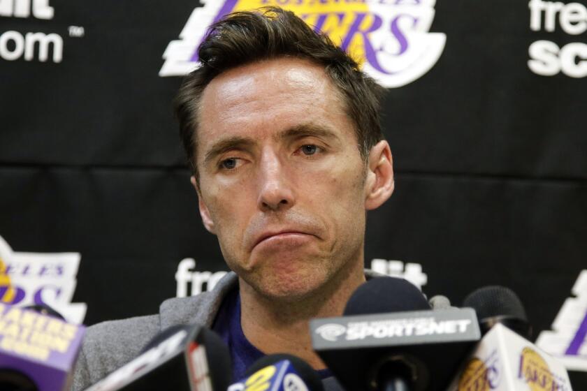 Lakers guard Steve Nash speaks to reporters during a news conference in El Segundo on Oct. 23.