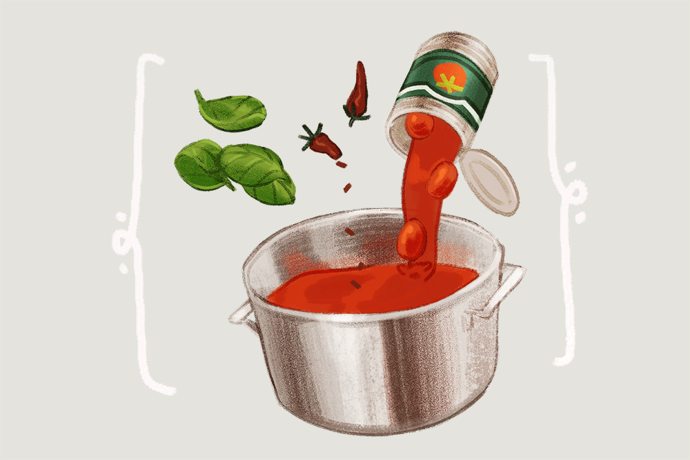 Spices and herbs transform canned tomatoes into a simple, hearty marinara sauce for pasta.