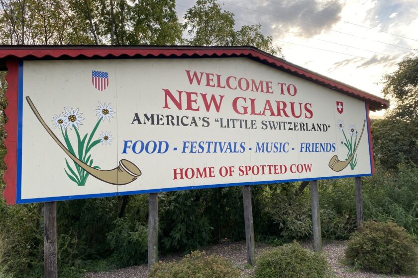 Welcome sign for New Glarus in Wisconsin, town near where the Ryder Cup will be held in Sheboygan.