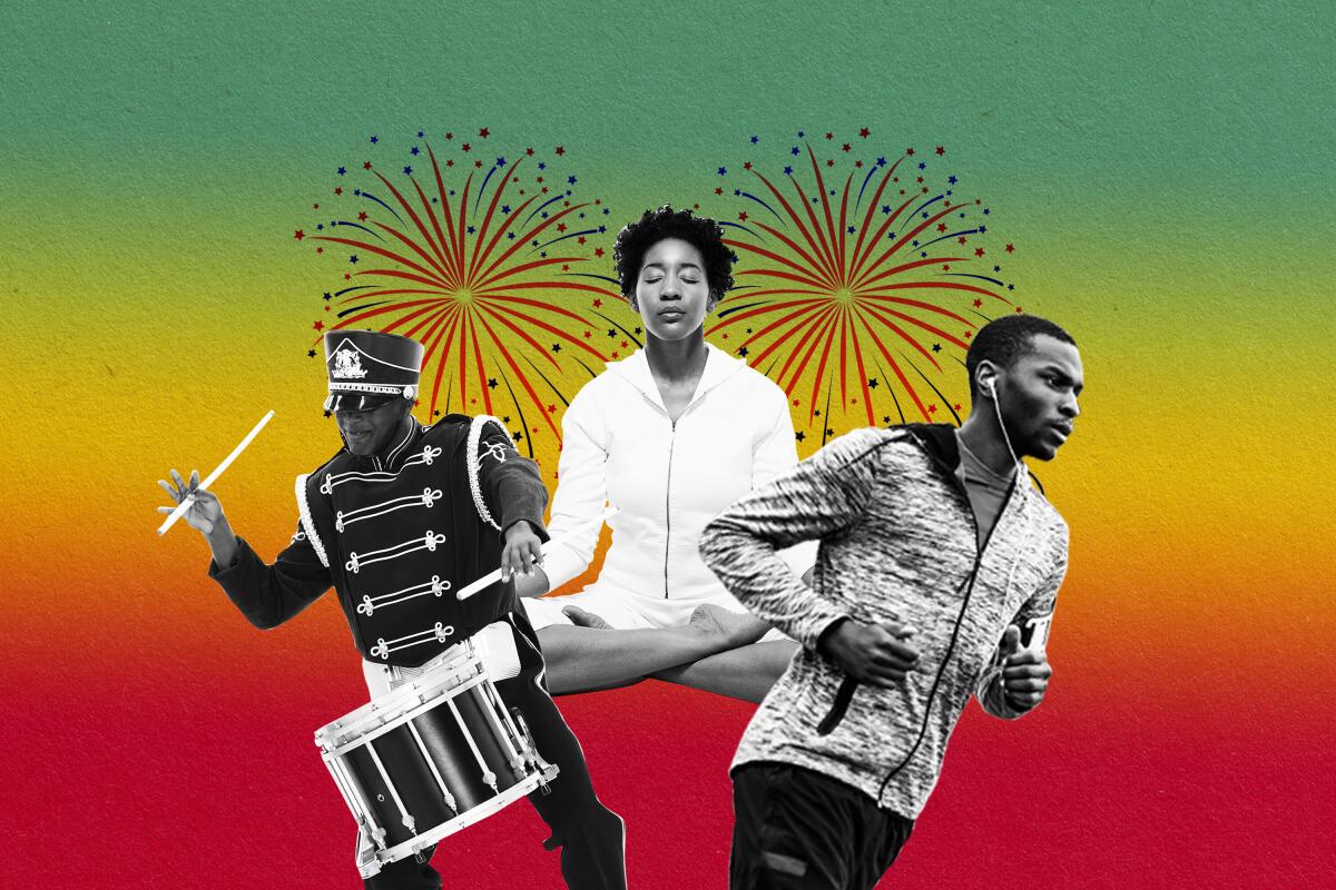 Illustration of a marching band drummer, a woman meditating and a man running with fireworks going off in the background.