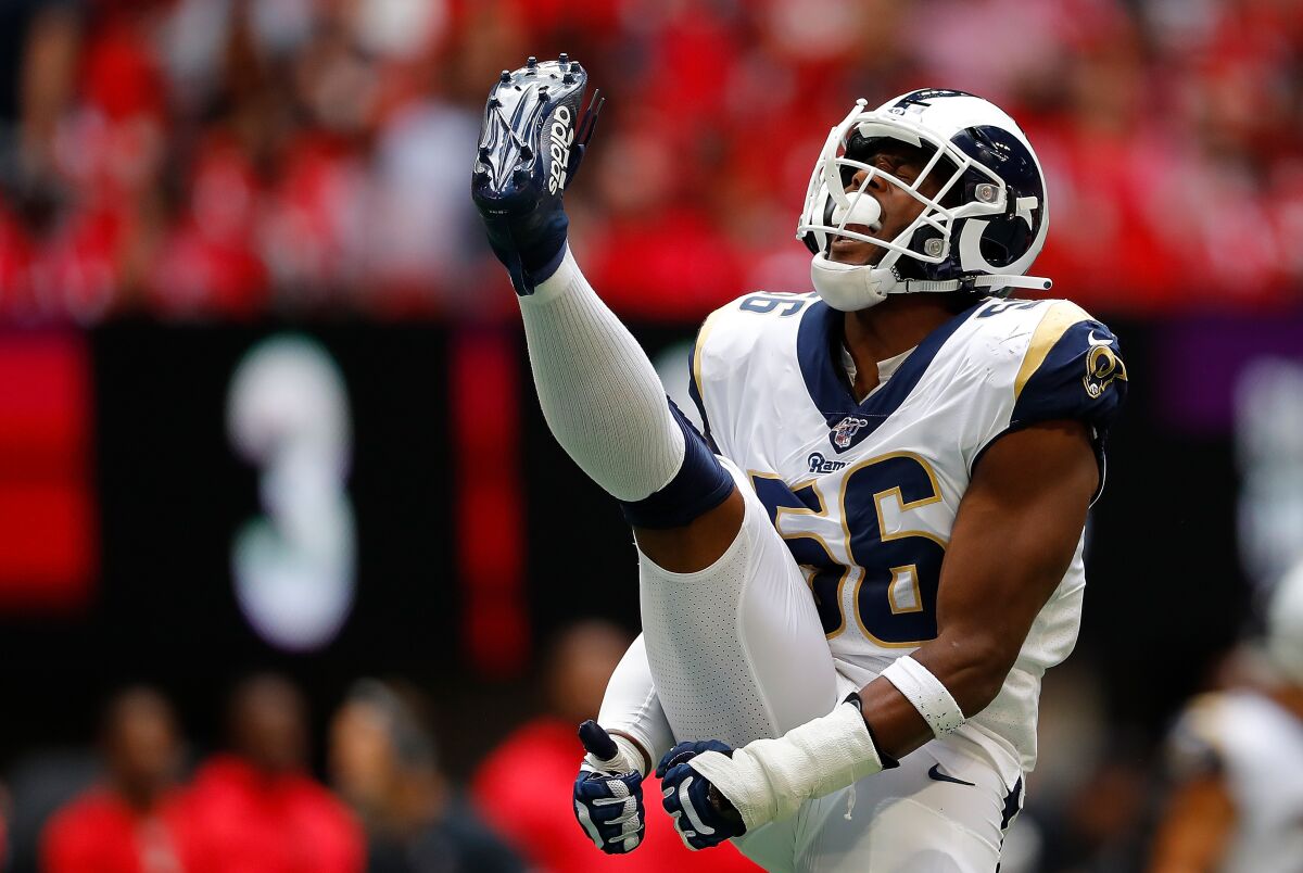 Rams linebacker Dante Fowler celebrates after sacking Atlanta Falcons quarterback Matt Ryan during a game on Oct. 20.