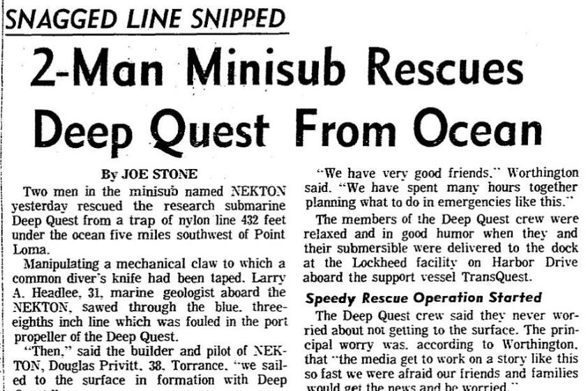 Headline:"2-Man Minisub Rescues Deep Quest From Ocean," from the front page of the San Diego Union, October 9, 1969.