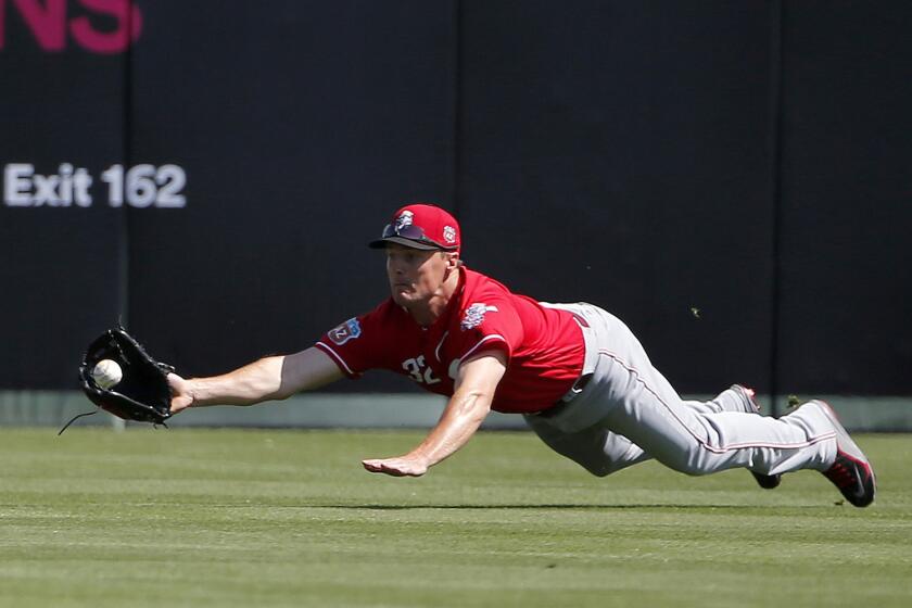Reds outfielder Jay Bruce dives in vain for a fly ball hit by Angels' Daniel Nava during the first inning.