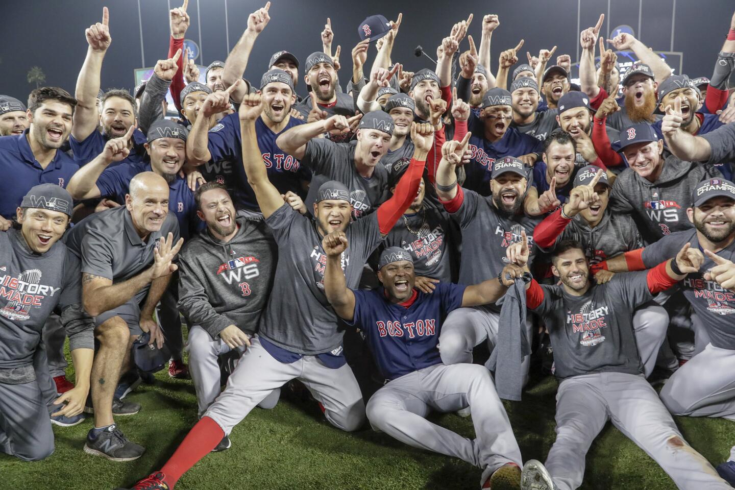 The Red Sox celebrate winning the 2018 Word Series at Dodger Stadium.