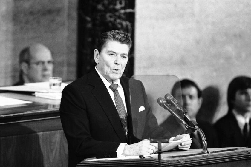 President Ronald Reagan addresses a Joint Session of Congress and the nation by television in the House Chamber giving his State of the Union speech, Wednesday, Jan. 25, 1984, Washington, D.C. (AP Photo/Bob Daugherty)