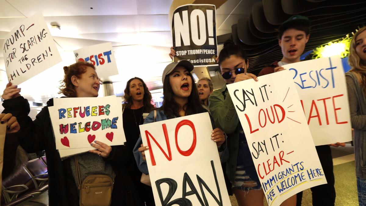 Demonstrators gather at Tom Bradley Terminal at LAX in late January to protest President Trump's travel ban.