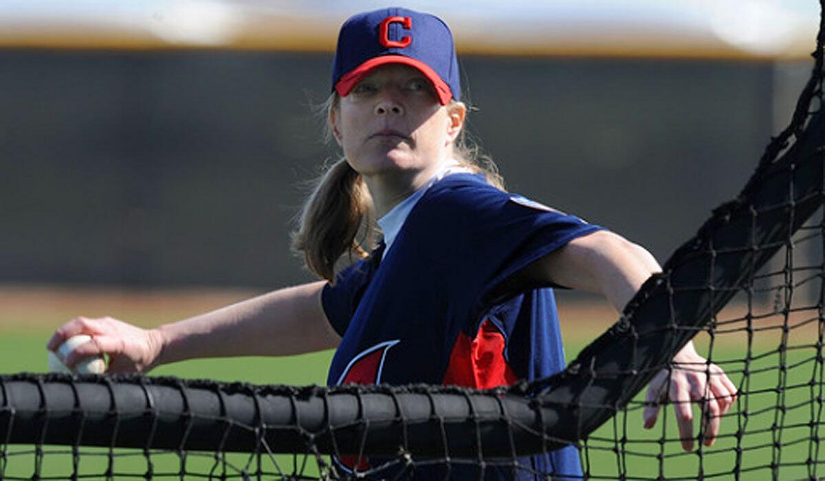 Justine Siegal throws batting practice to the Cleveland Indians in February 2011.