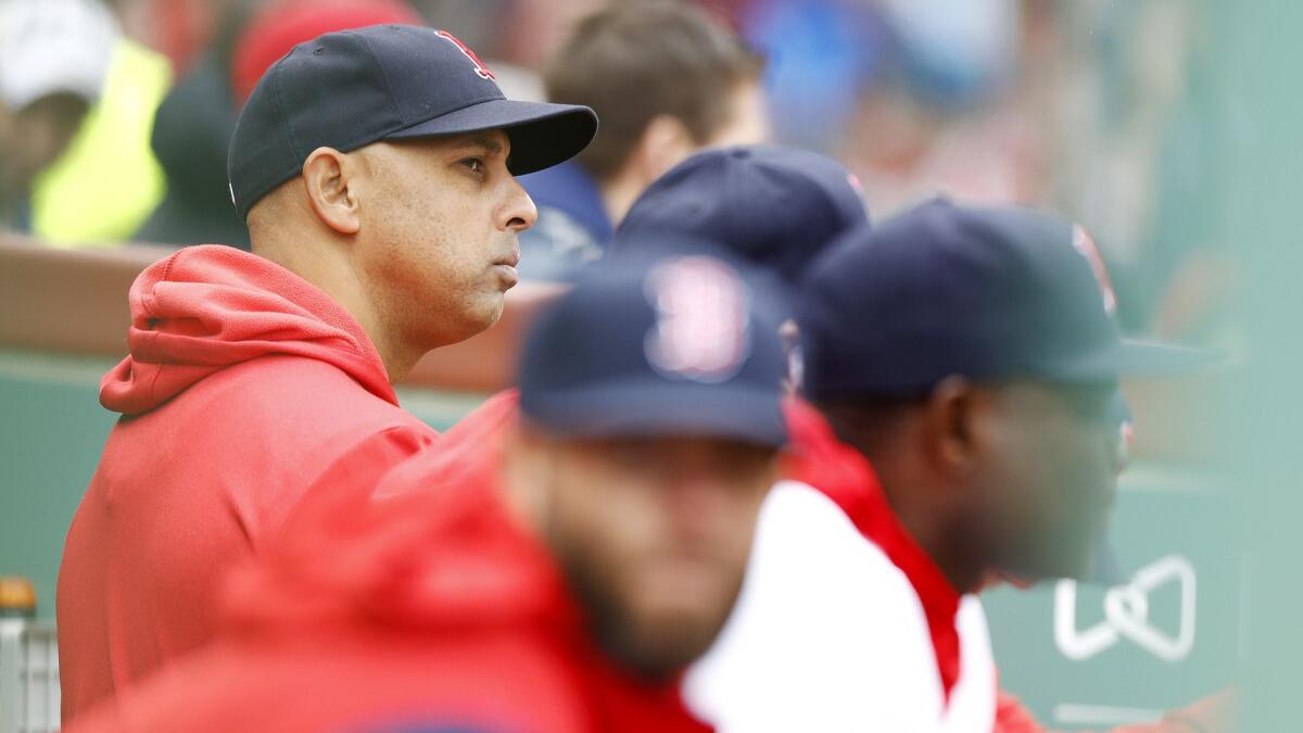 Red Sox manager Alex Cora looks on during the ninth inning of the game against the Tampa Bay Rays on April 28.