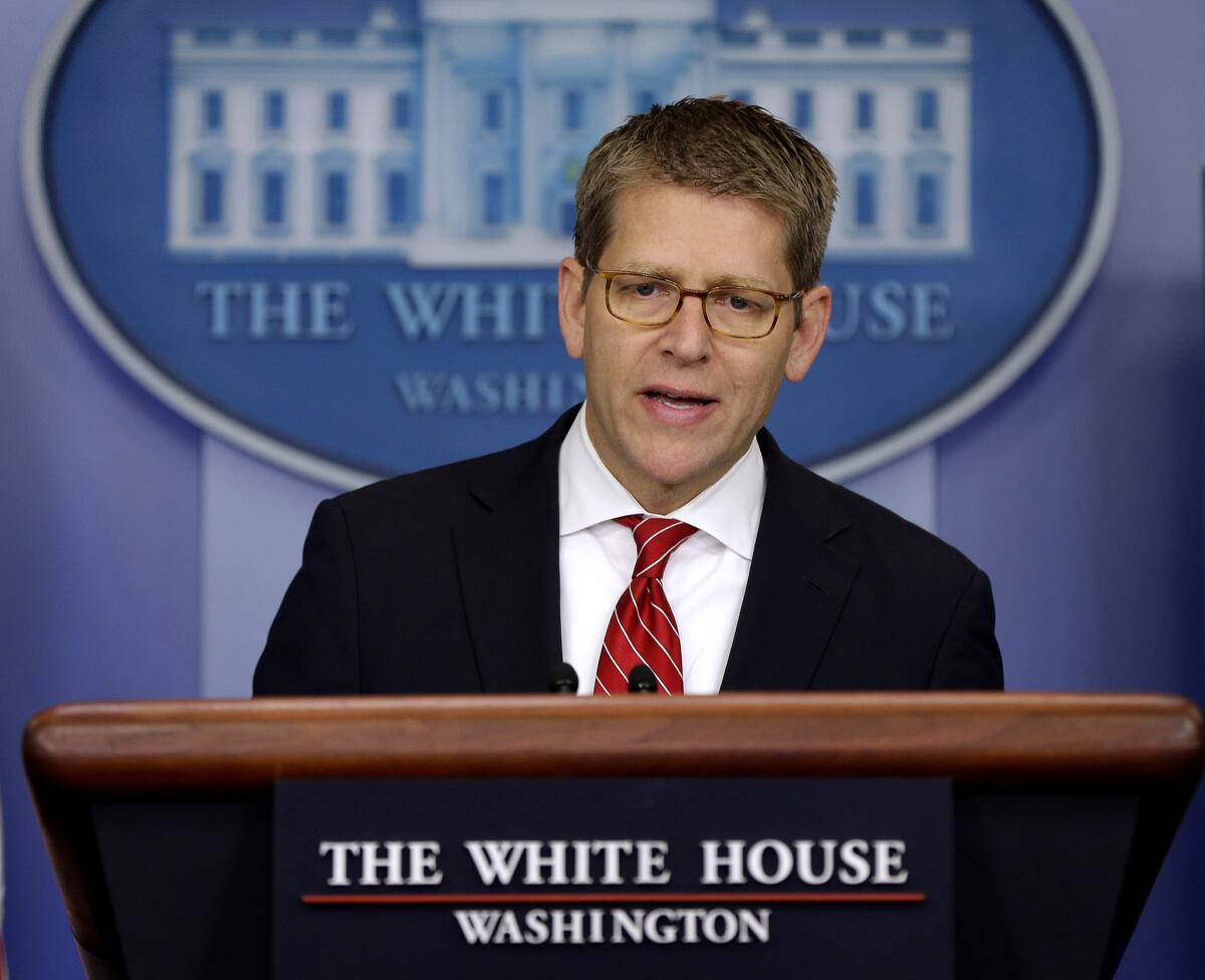 White House Press Secretary Jay Carney speaks during his daily news briefing at the White House in Washington. Carney says the attacks in Egypt, Libya and elsewhere were a "response not to United States policy, and not to, obviously, the administration, not to the American people," but were rather a "response to a video, a film we have judged to be reprehensible and disgusting."