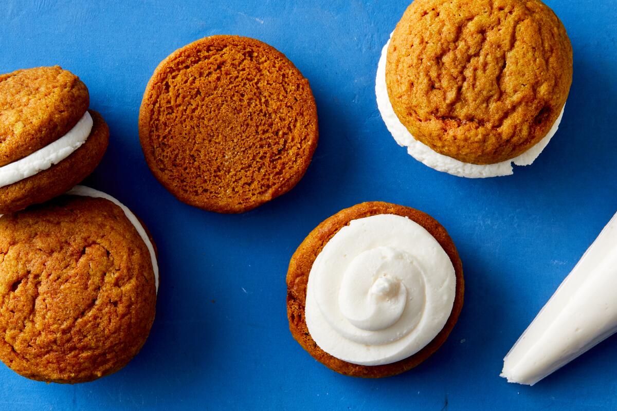 Turmeric lattes made with oat milk meet old-fashioned oatmeal creme pies in these tender, spiced cookies sandwiched with oat milk-enriched buttercream frosting.