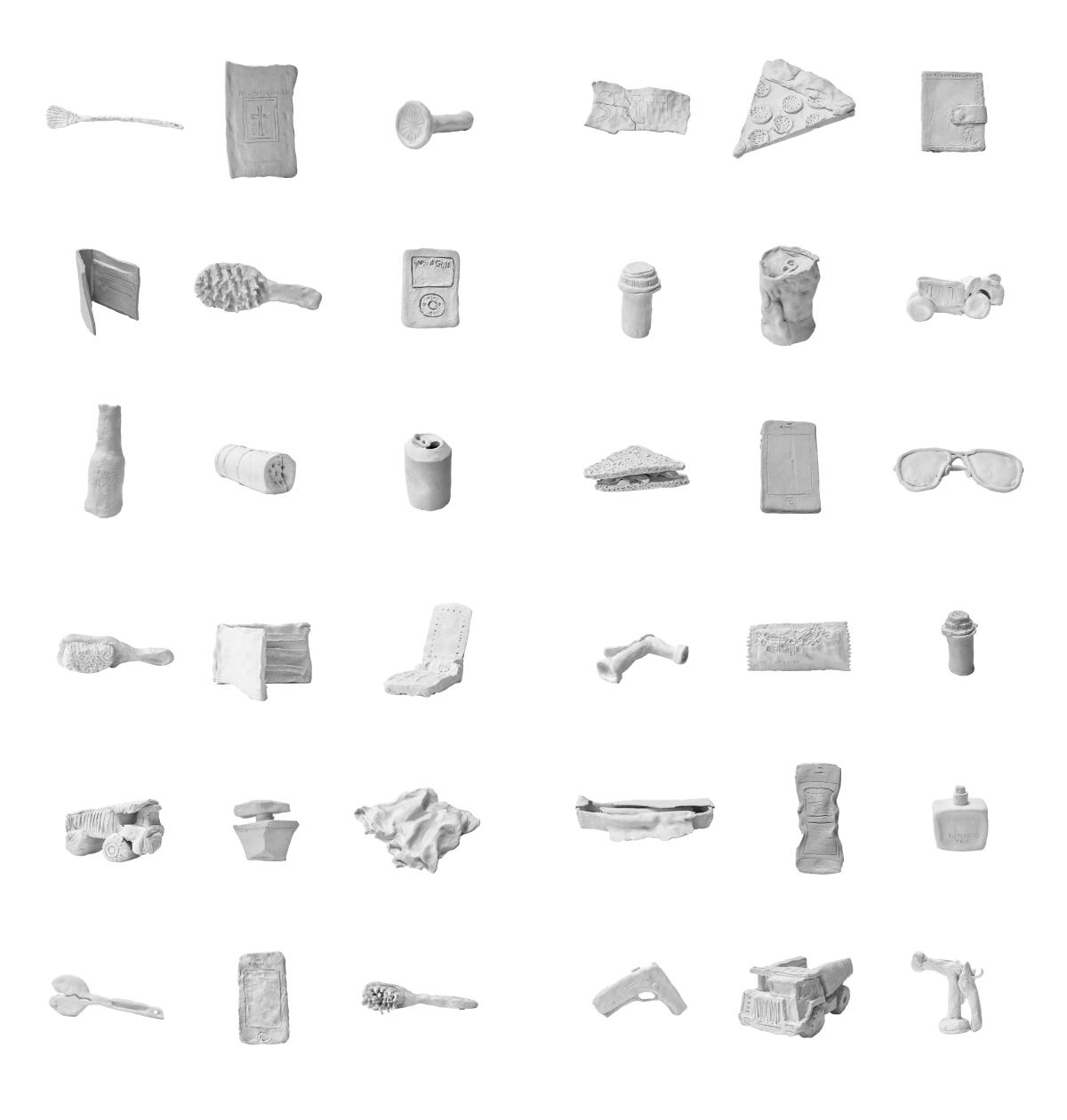 A photograph shows a tidy grid of clay objects that include a slice of pizza, sunglasses, a hairbrush and an iPod