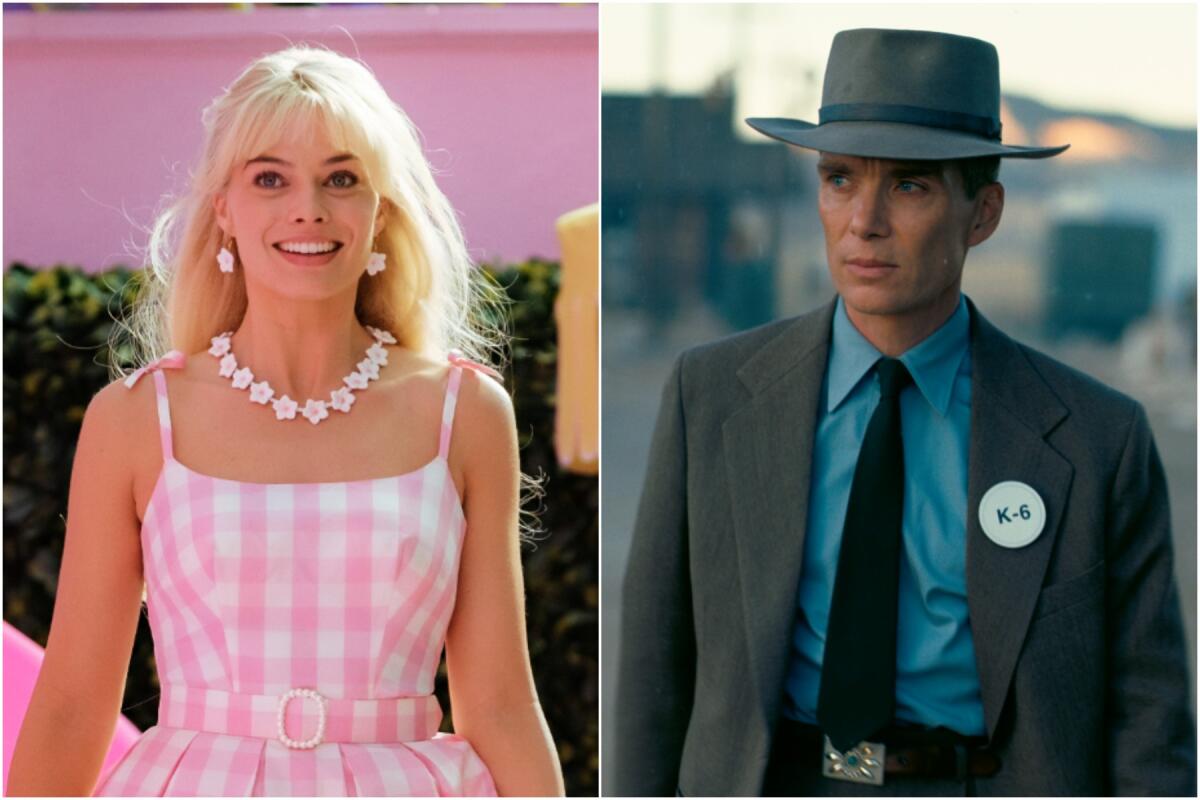 Margot Robbie standing in a pink dress and flowery jewelry, left, and Cillian Murphy standing in a gray suit and hat