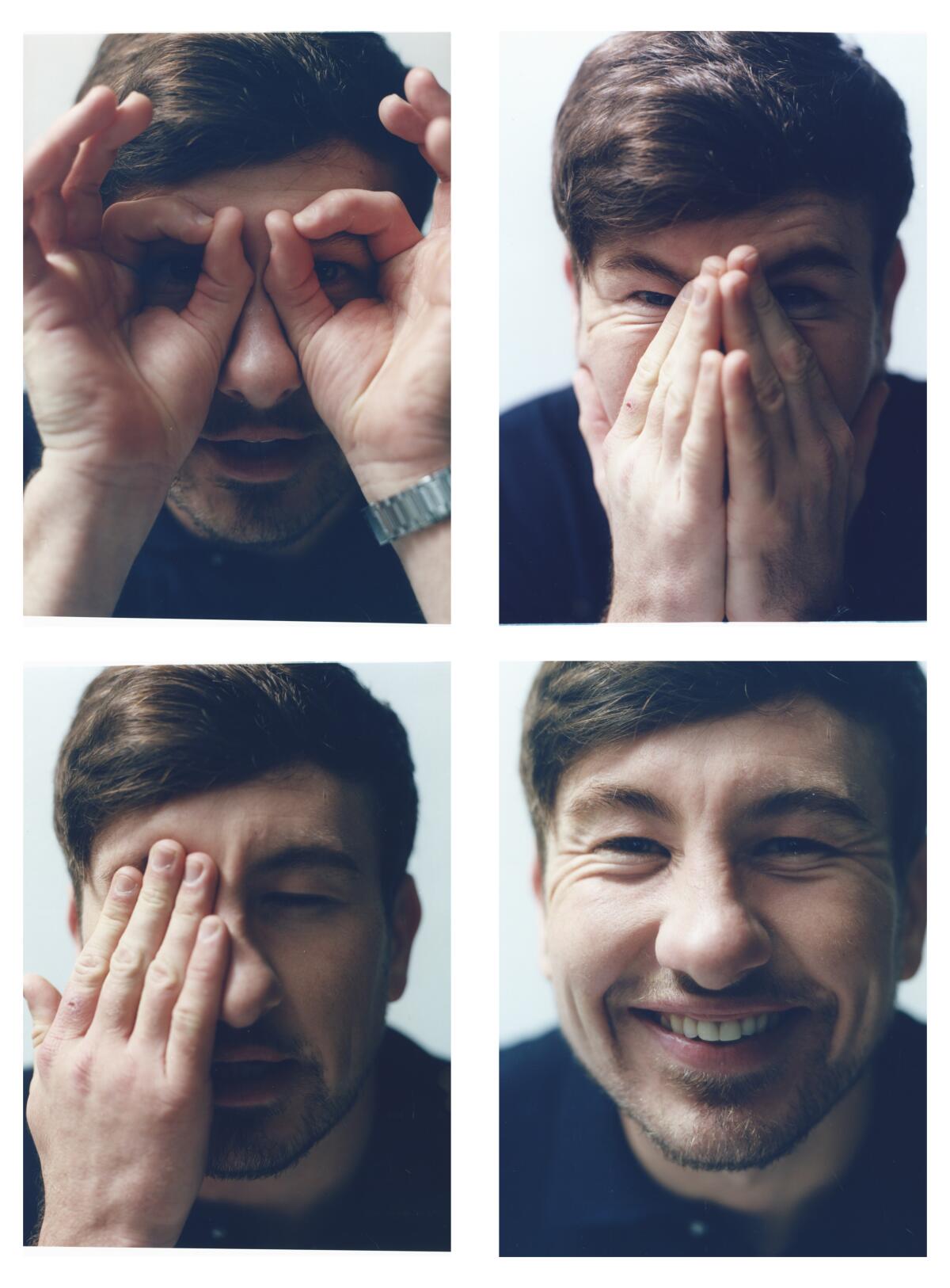 In four photo panels, Barry Keoghan covers parts of his face with his hands, until the final one in which he smiles.