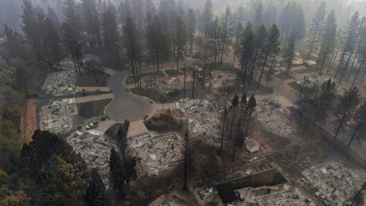 An aerial view of destruction by the Camp fire in Paradise, off Clark Road, on Nov. 15, 2018.