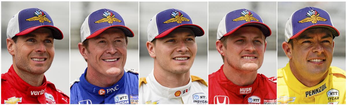 This combination of photos shows IndyCar drivers, from left, Will Power, Scott Dixon, Josef Newgarden, Marcus Ericsson, and Scott McLaughlin in Indianapolis Motor Speedway in Indianapolis on May 21, 2022. Power is the points leader headed into Sunday's season finale on Sept. 11, 2022, a five-driver battle that is the tightest in IndyCar since 2003 when the series was called “The IRL.” Power leads Dixon and his Team Penske teammate Josef Newgarden by 20 points. Ericsson is 39 points out of the lead, with McLaughlin of Penske in fifth and 41 points out. (AP Photo/ Michael Conroy)