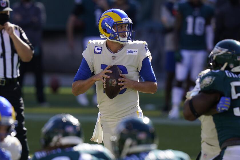 Los Angeles Rams' Jared Goff plays during the second half of an NFL football game against the Philadelphia Eagles.