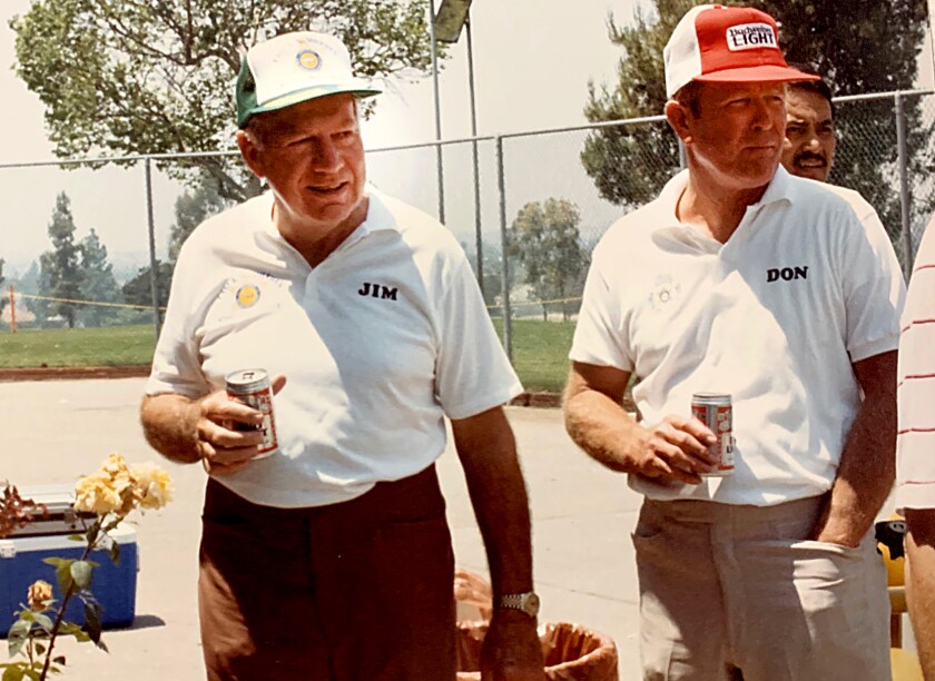 Jim Fleming. left, and Don Heimark, two of the founders of Triangle Distributing Co., about 1982.