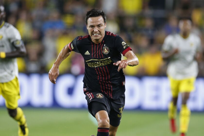 Atlanta United's Erick Torres plays against the Columbus Crew during an MLS soccer match.