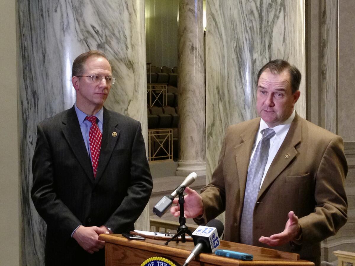 Republican Missouri state Sens. Bob Onder, left, and Mike Kehoe at the state Capitol in Jefferson City on March 9.