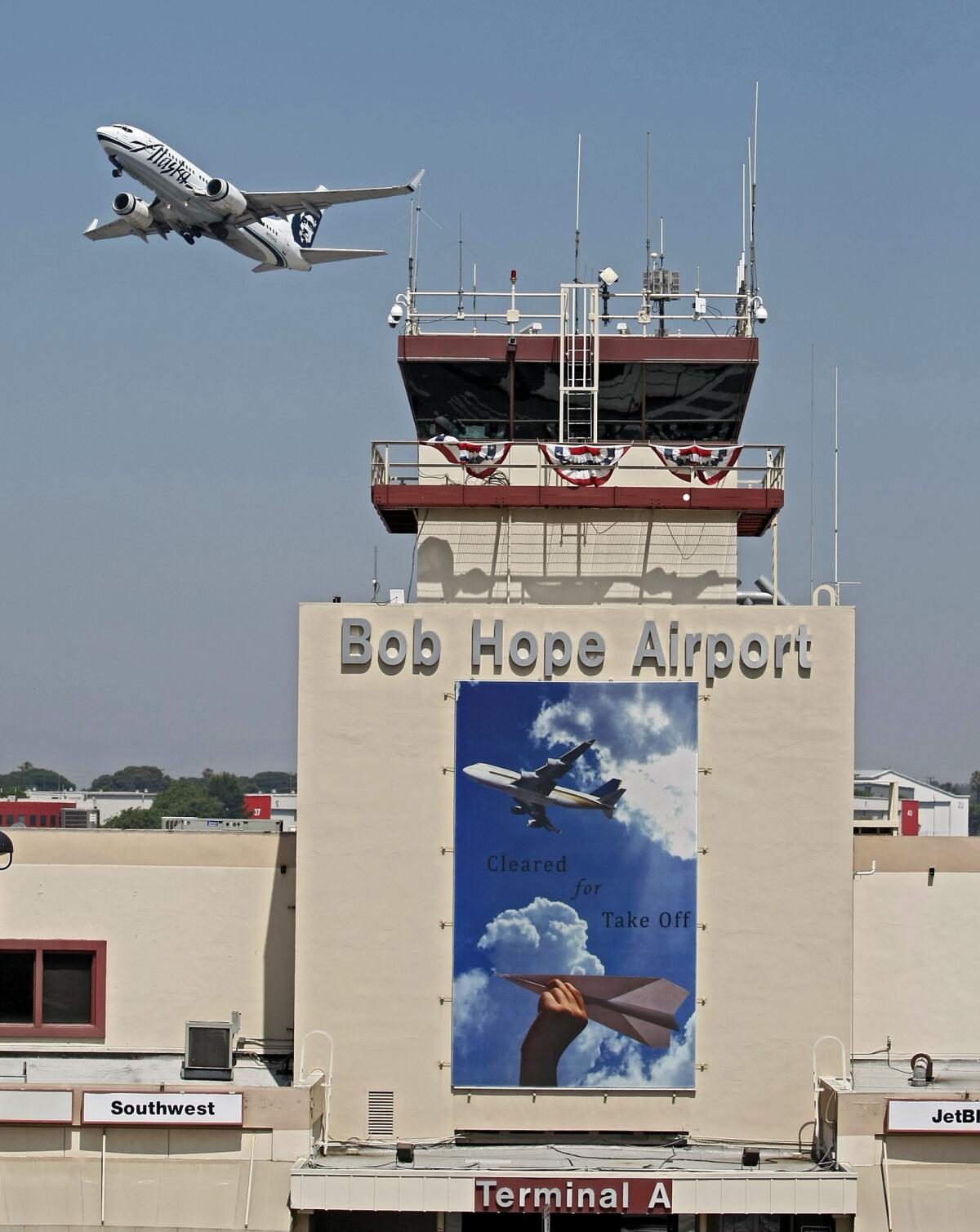 An airplane takes off from the Bob Hope Airport in Burbank on Tuesday, August 6, 2013.