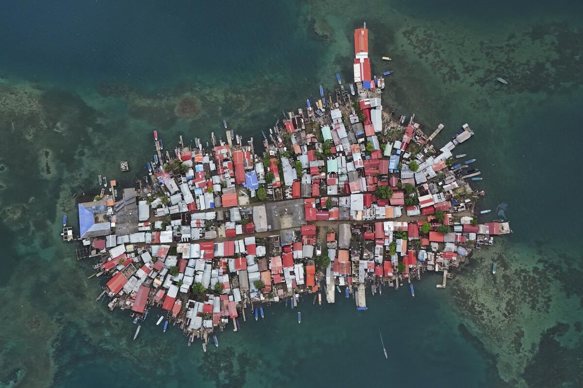 Buildings cover Gardi Sugdub Island, part of San Blas archipelago off Panama's Caribbean coast.