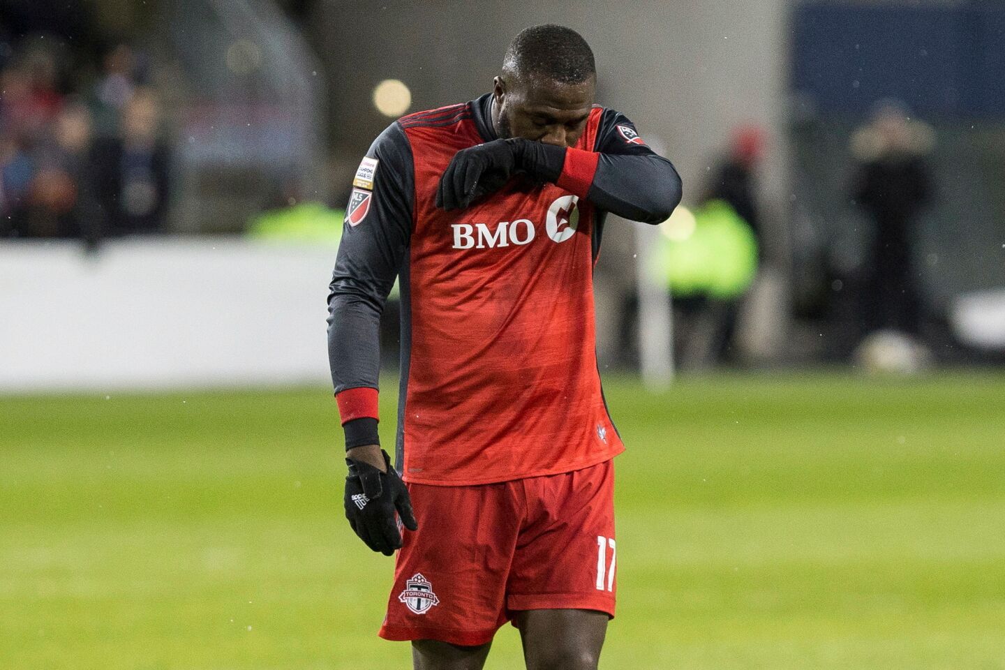 Toronto FC's Jozy Altidore reacts during the first half against Guadalajara in the first leg of the CONCACAF Champions League soccer final, Tuesday, April 17, 2018, in Toronto. (Chris Young/The Canadian Press via AP)