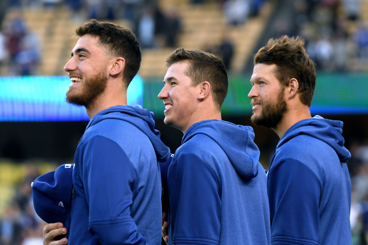 Dodgers teammates Cody Bellinger, Walker Buehler and Clayton Kershaw.