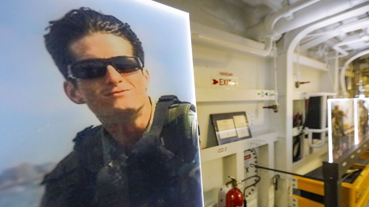 A photo of Navy SEAL Michael Monsoor is on display in Hall of Heroes on the future USS Michael Monsoor. He was posthumously awarded the Medal of Honor for his actions in Ramadi, Iraq, on September. 29, 2006.