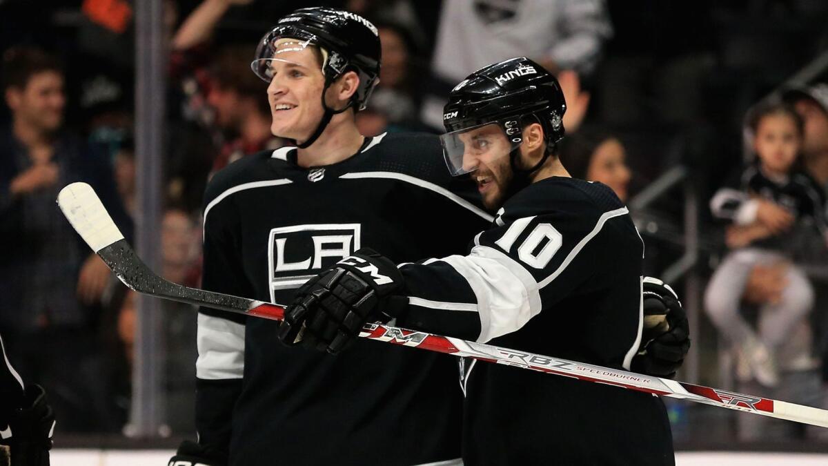 Daniel Brickley celebreates with Kings teammate Tobias Rieder after assisting on Rieder's goal during a game against the Wild last season.