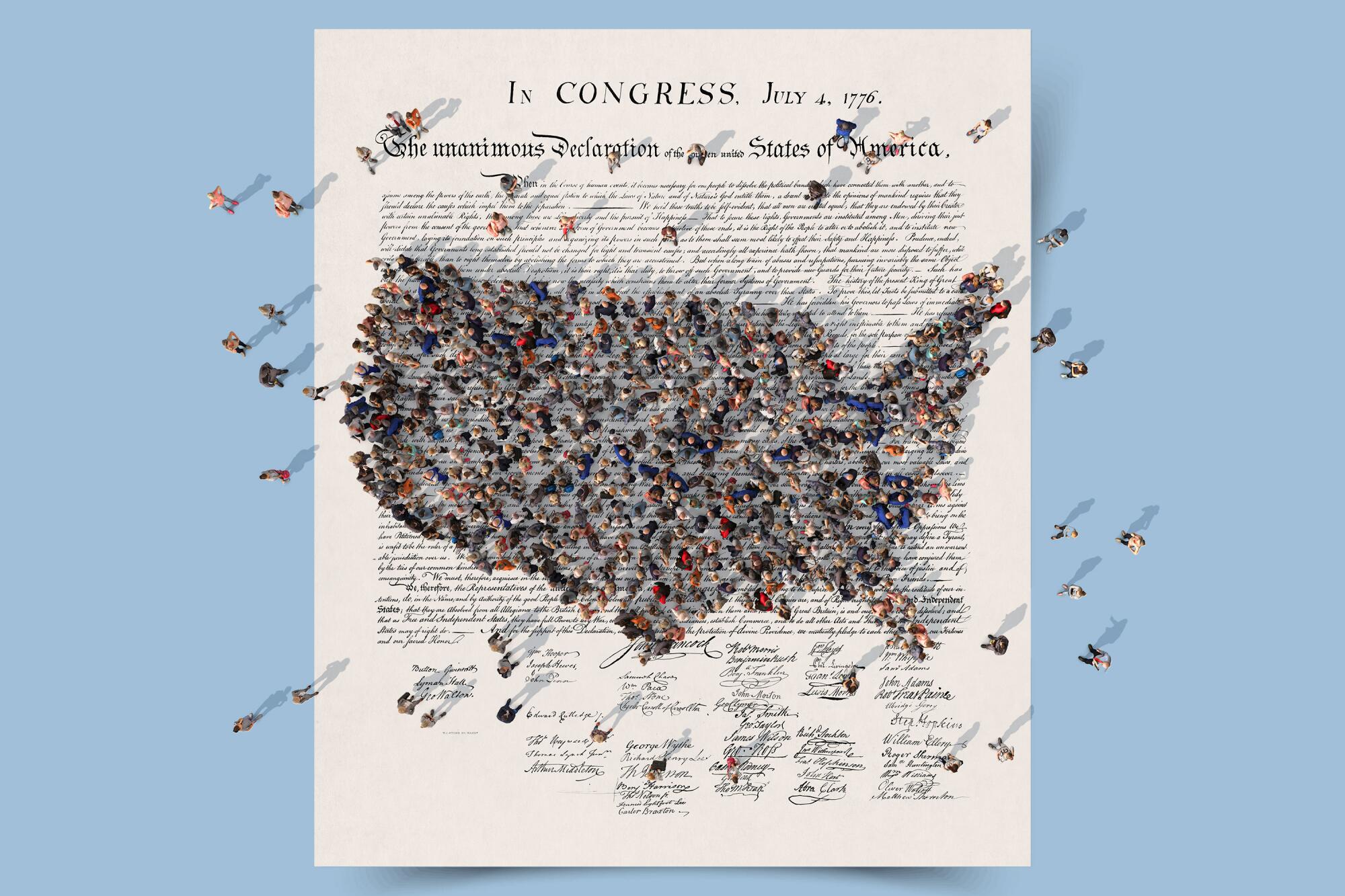 photo illustration of the U.S. Declaration of Independence with a crowd of people standing atop it in the shape of USA.