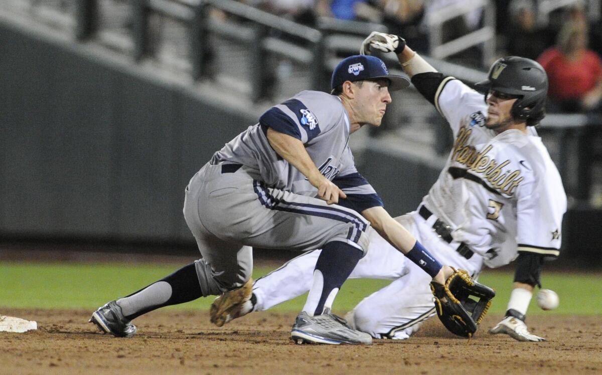 Vanderbilt's Dansby Swanson steals second base against UC Irvine's Grant Palmer during the eighth inning. Vanderbilt defeated UC Irvine, 6-4.