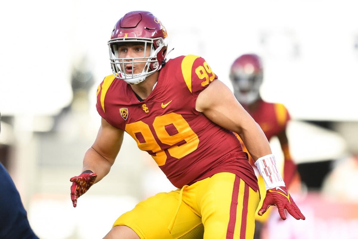 USC Trojans defensive lineman Nick Figueroa follows a play during a win over Rice on Sept. 3.