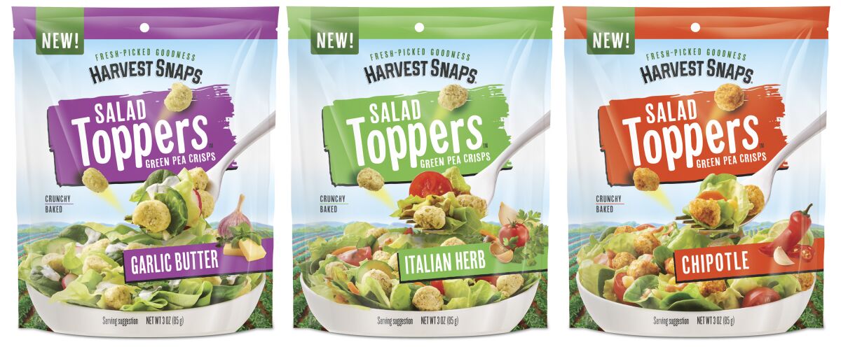 Three flavors of Harvest Snaps pea-based Salad Toppers.