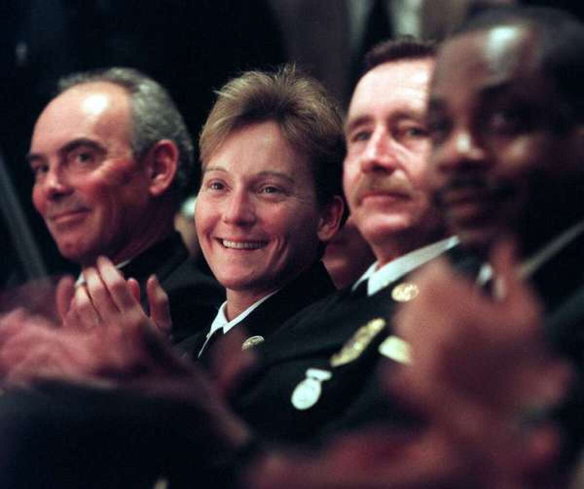 Roxanne Bercik at the ceremony where she became the LAFD's first female battalion chief in 1998. She would go on to be the first woman to rise up the ranks to become deputy chief, a position she will retire from at the end of this month.
