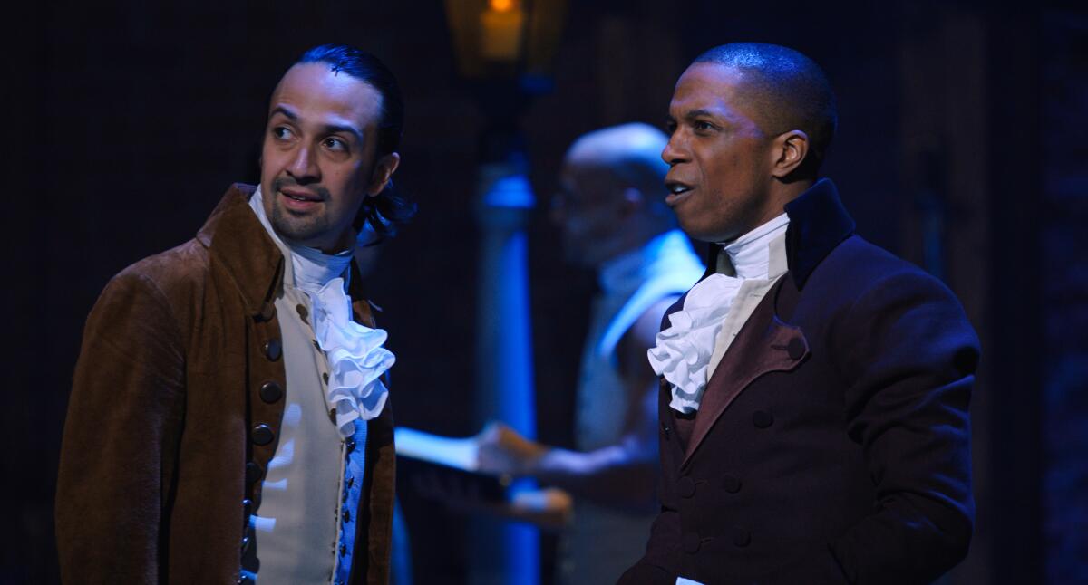 Lin-Manuel Miranda, left, and Leslie Odom, Jr. in "Hamilton"