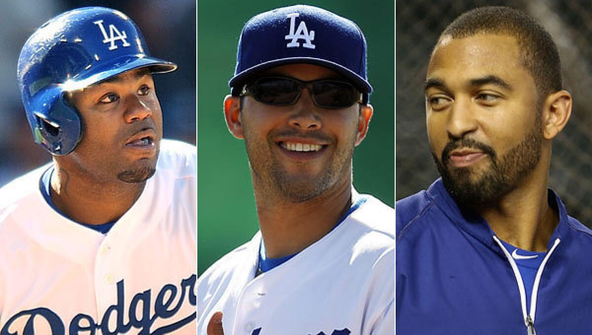Are any teams interested in acquiring Dodgers outfielders (from left to right) Carl Crawford, Andre Ethier or Matt Kemp? Dodgers General Manager Ned Colletti should find out this week.