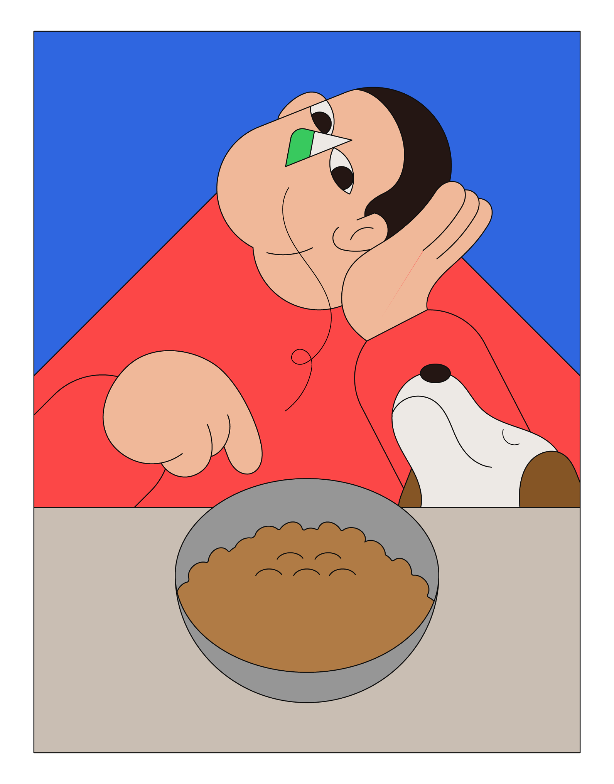 Illustration of a person with a green nose and a dog next to him, pointing to a bowl of kibble, with a scent line waving above