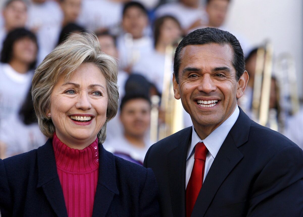 Hillary Rodham Clinton and former Los Angeles Mayor Antonio Villaraigosa at a 2007 rally outside Los Angeles City Hall.
