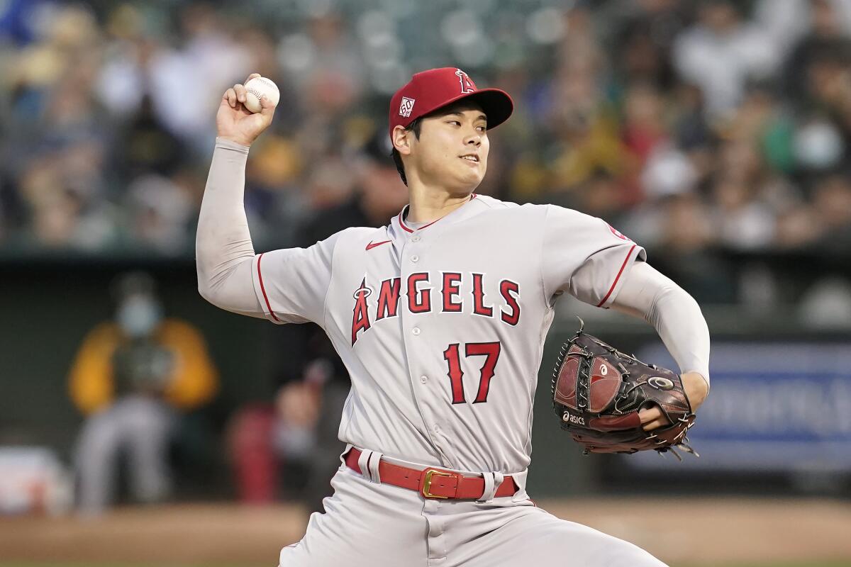 Shohei Ohtani pitched six scoreless innings, but the Angels lost to the Oakland A's. (AP Photo/Jeff Chiu)