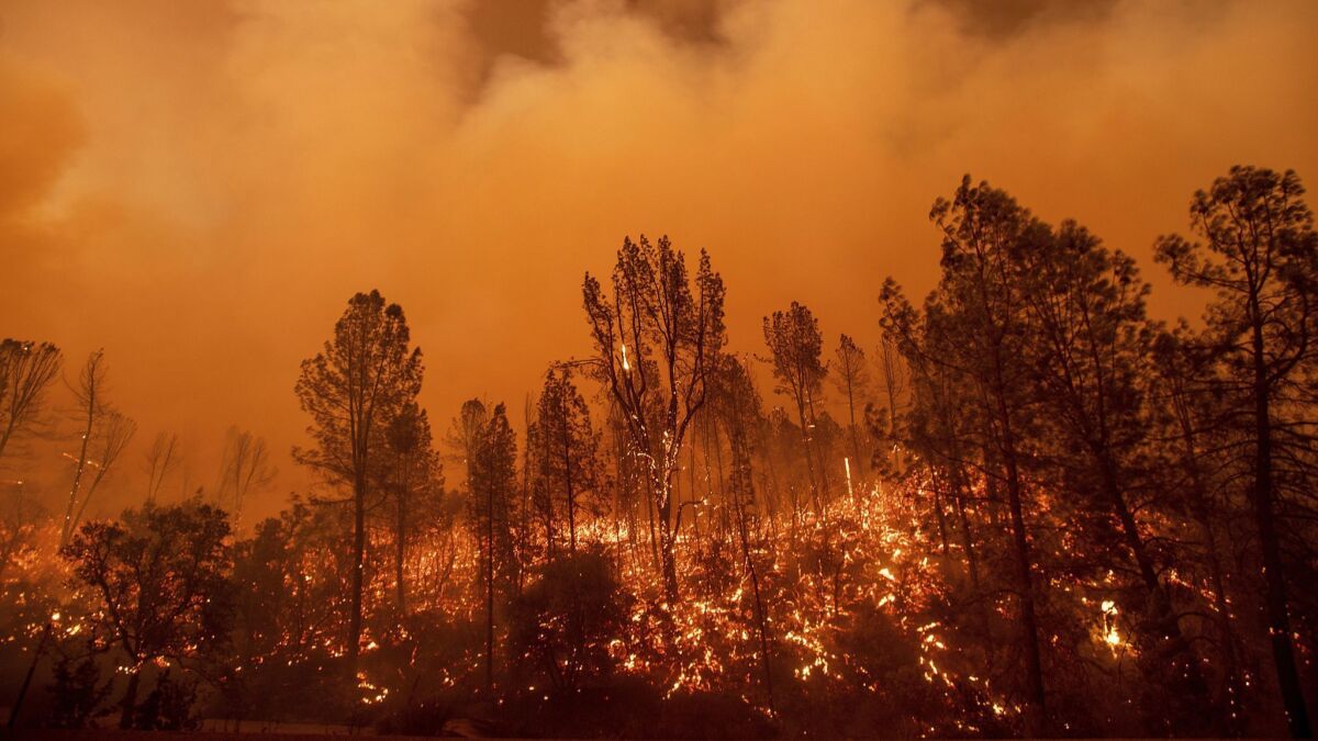 The Carr fire burns along Highway 299 in Redding, Calif., on Thursday.