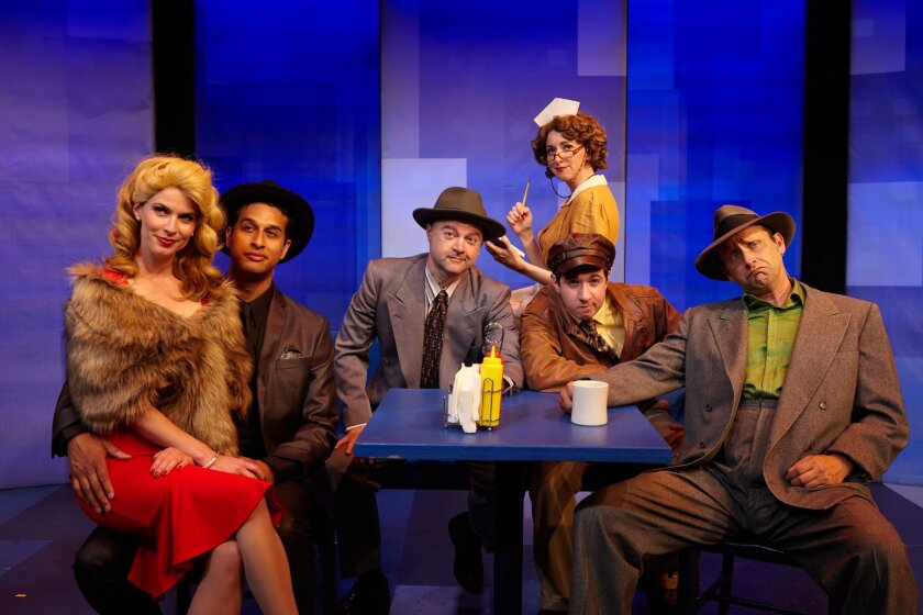 The cast of "Another Roll of the Dice" at North Coast Repertory Theatre, from left: Allison Spratt Pearce, Darrick Penny, Lance Carter, Sarah Errington, Elliot Lazar and Jason Maddy.