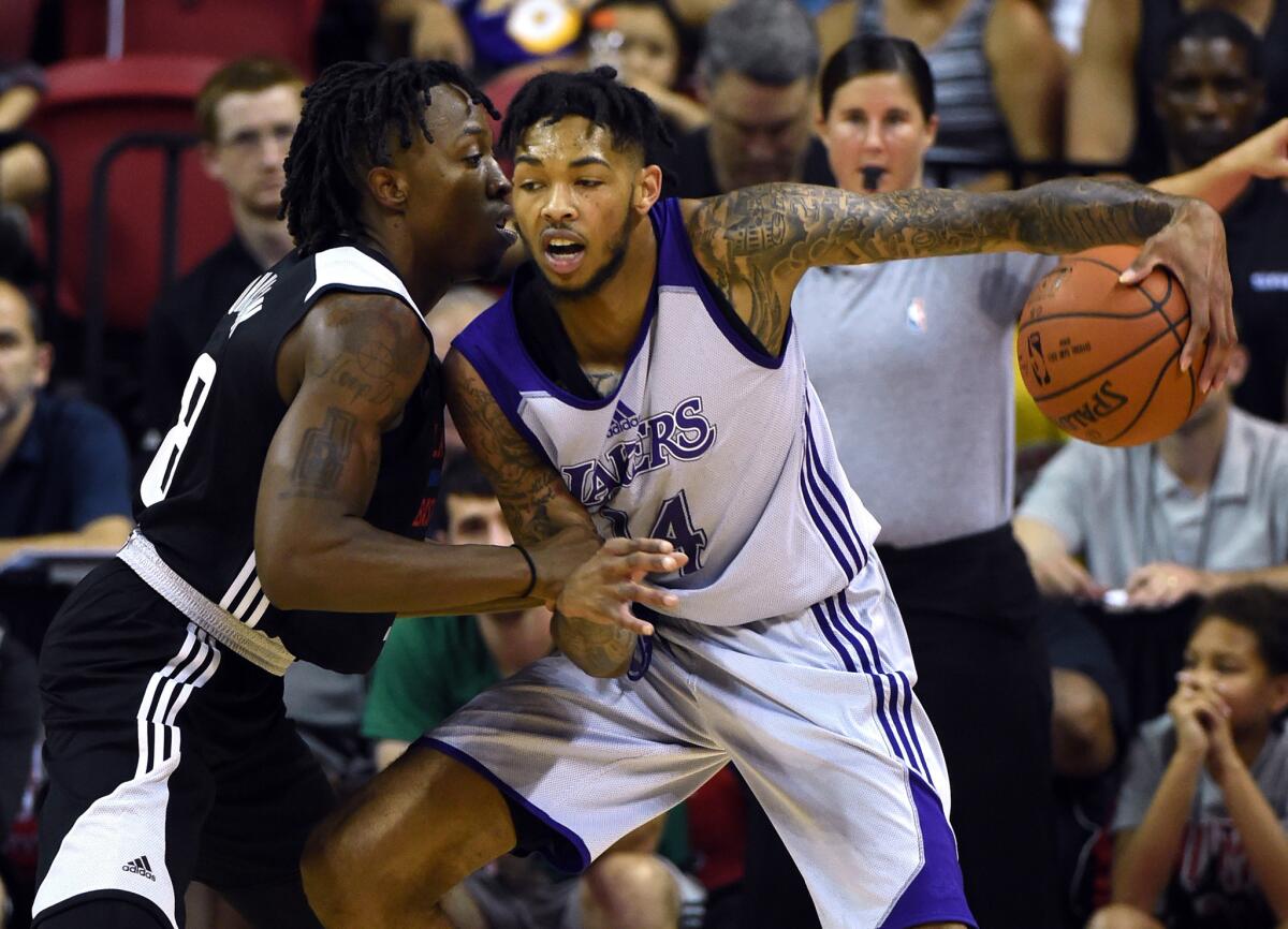 Jaron Johnson of the Los Angeles Clippers guards Brandon Ingram of the Los Angeles Lakers during the 2017 Summer League on July 7, 2017 in Las Vegas.